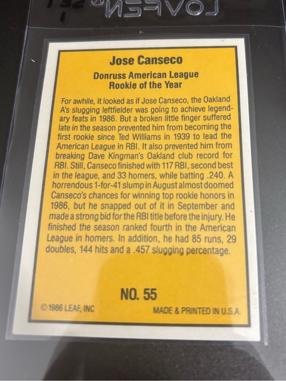 Donruss '86 Jose Canseco Rookie Highlights Baseball Card - Yellow/Black - Picture 2 of 3